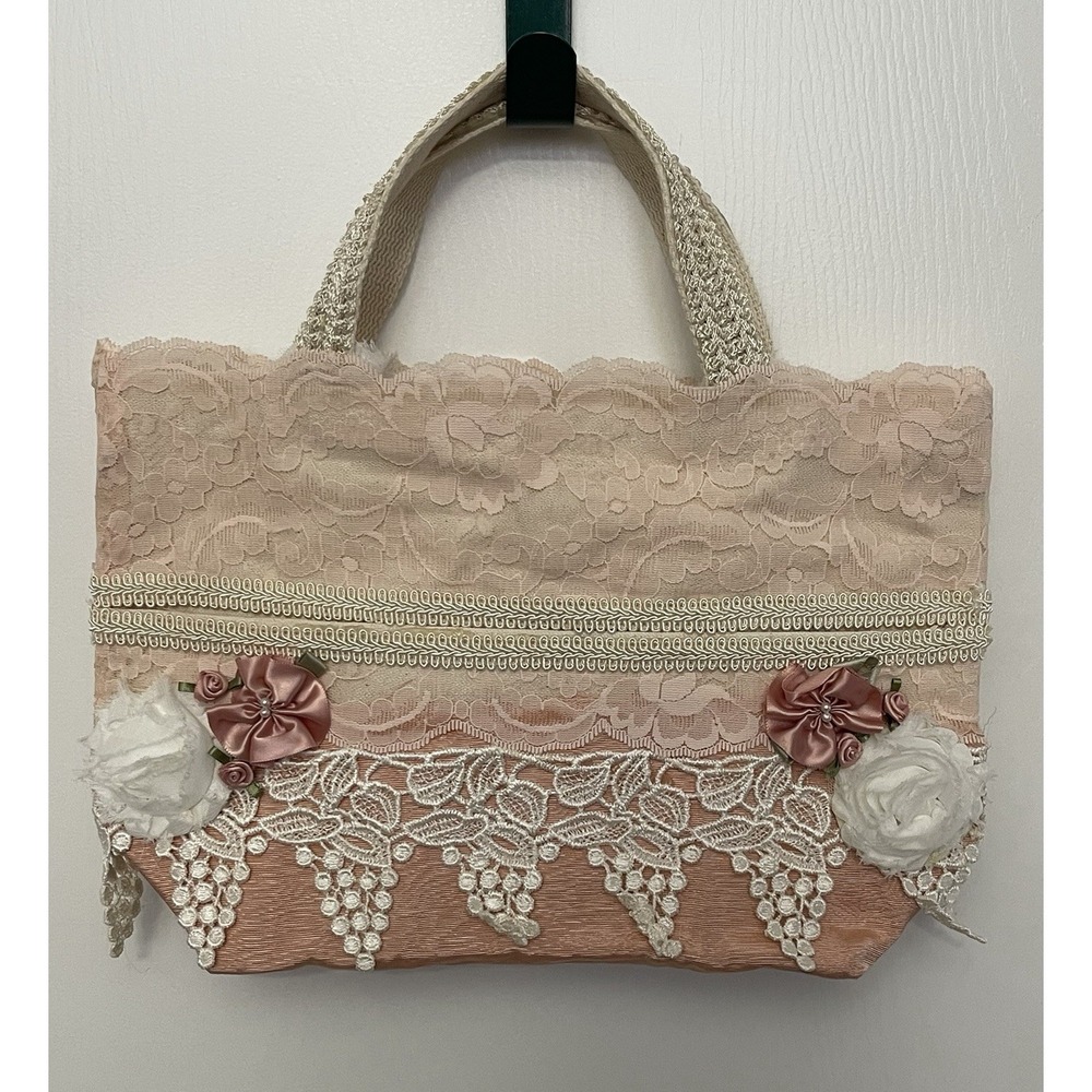 Vintage Lace Satin Romantic Cottagecore Tote Handbag Blush Pink NWT Boutique